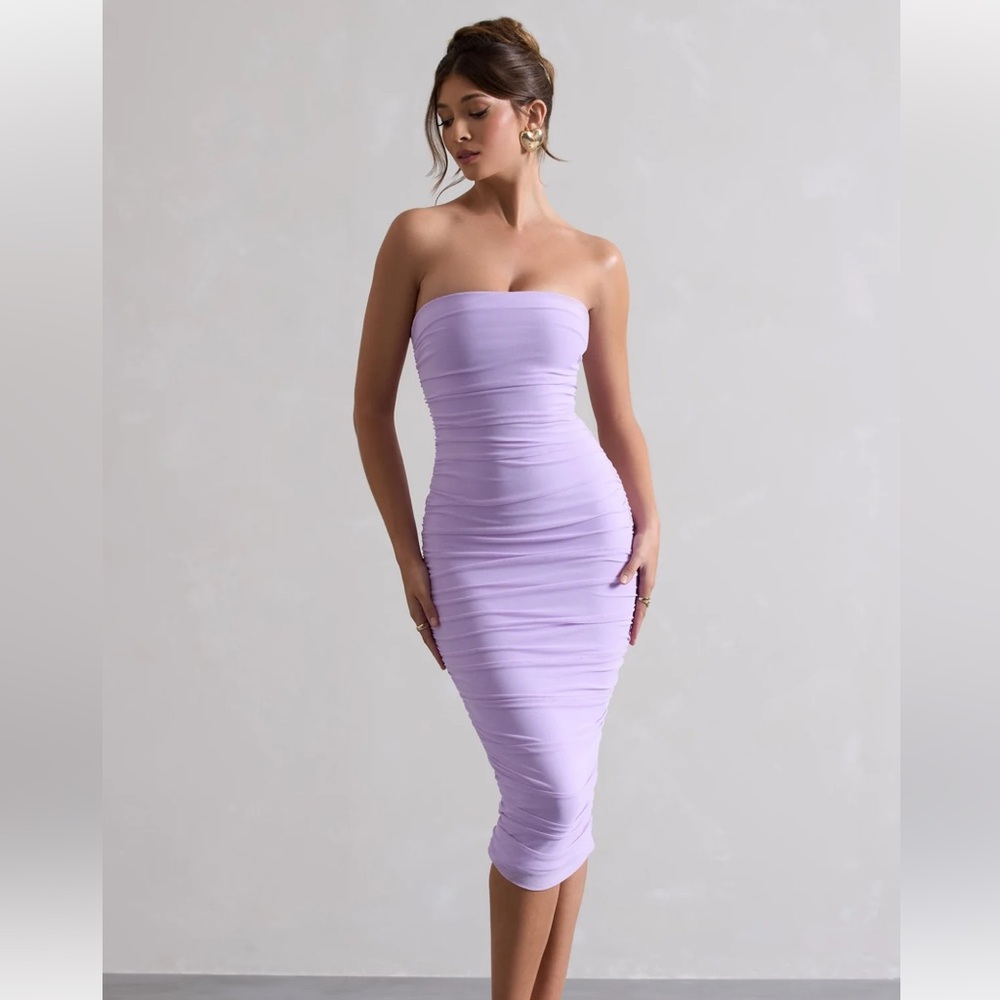 Lilac Ruched Strapless Midi Dress